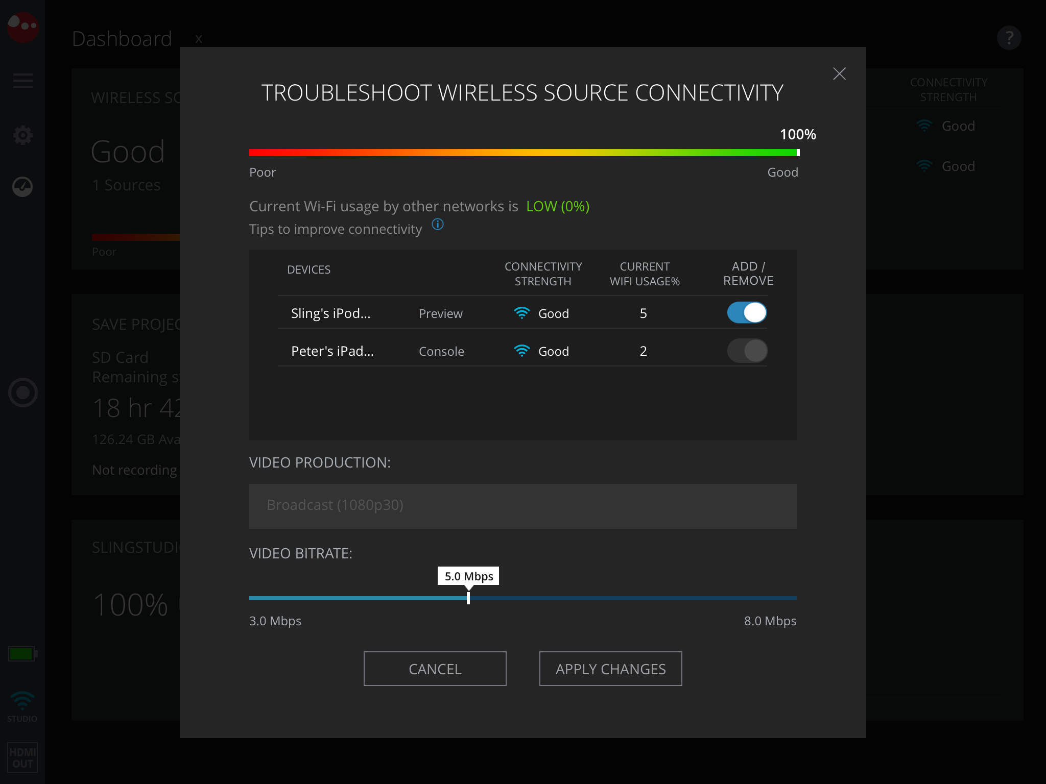 Screenshot of the SlingStudio Capture app wireless troubleshooter